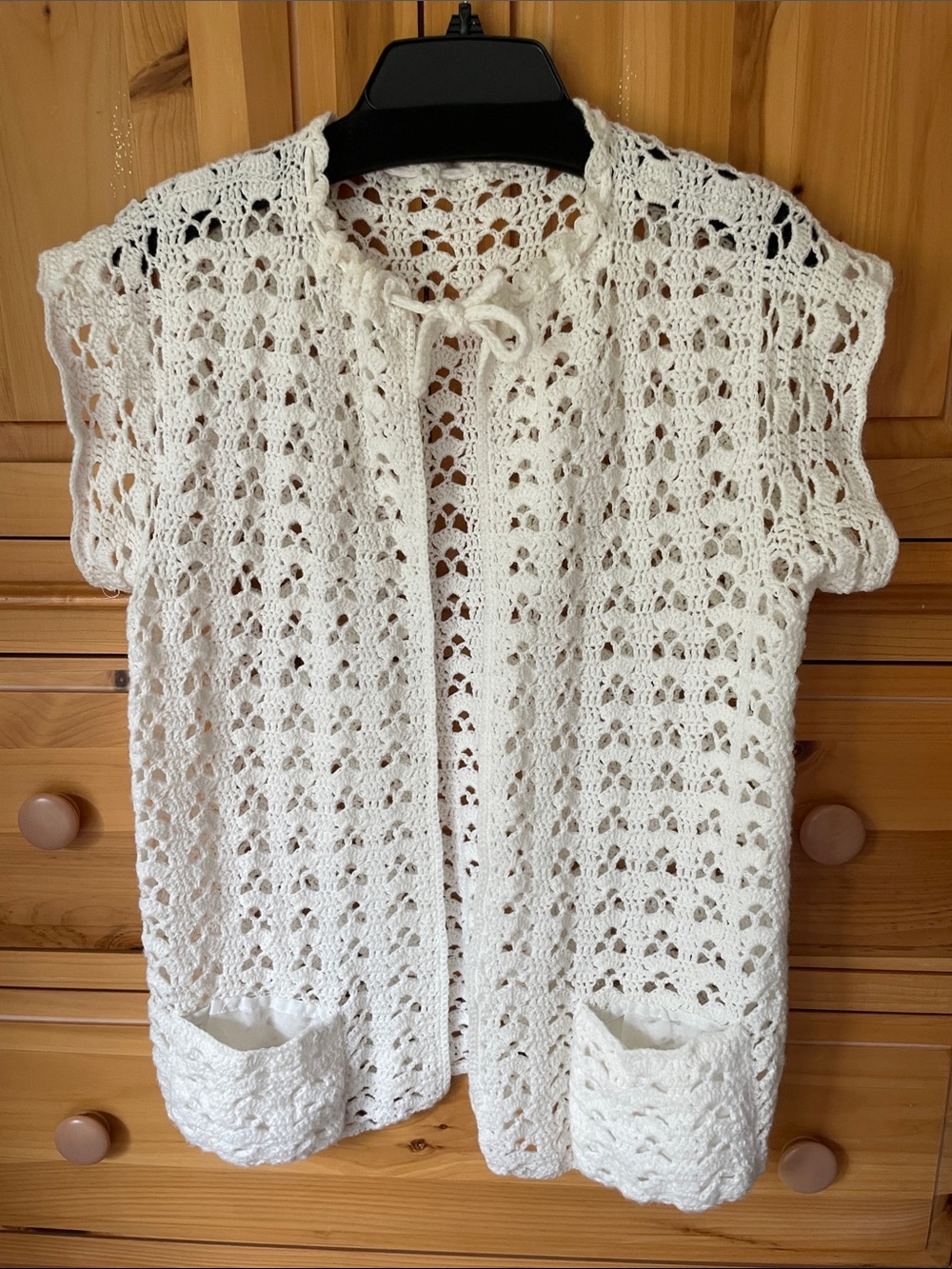 Hand-Crocheted adorable cottagecore Open-Front White Vest with lined Pockets